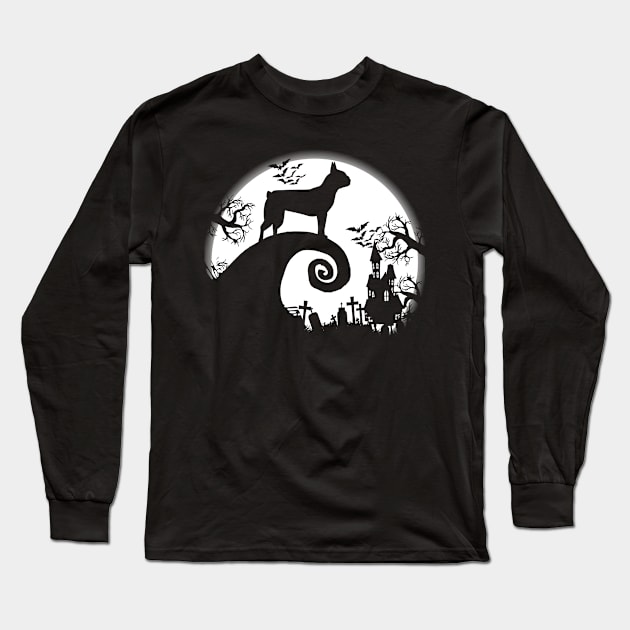 Boston Terrier And Halloween Moon Long Sleeve T-Shirt by celestewilliey